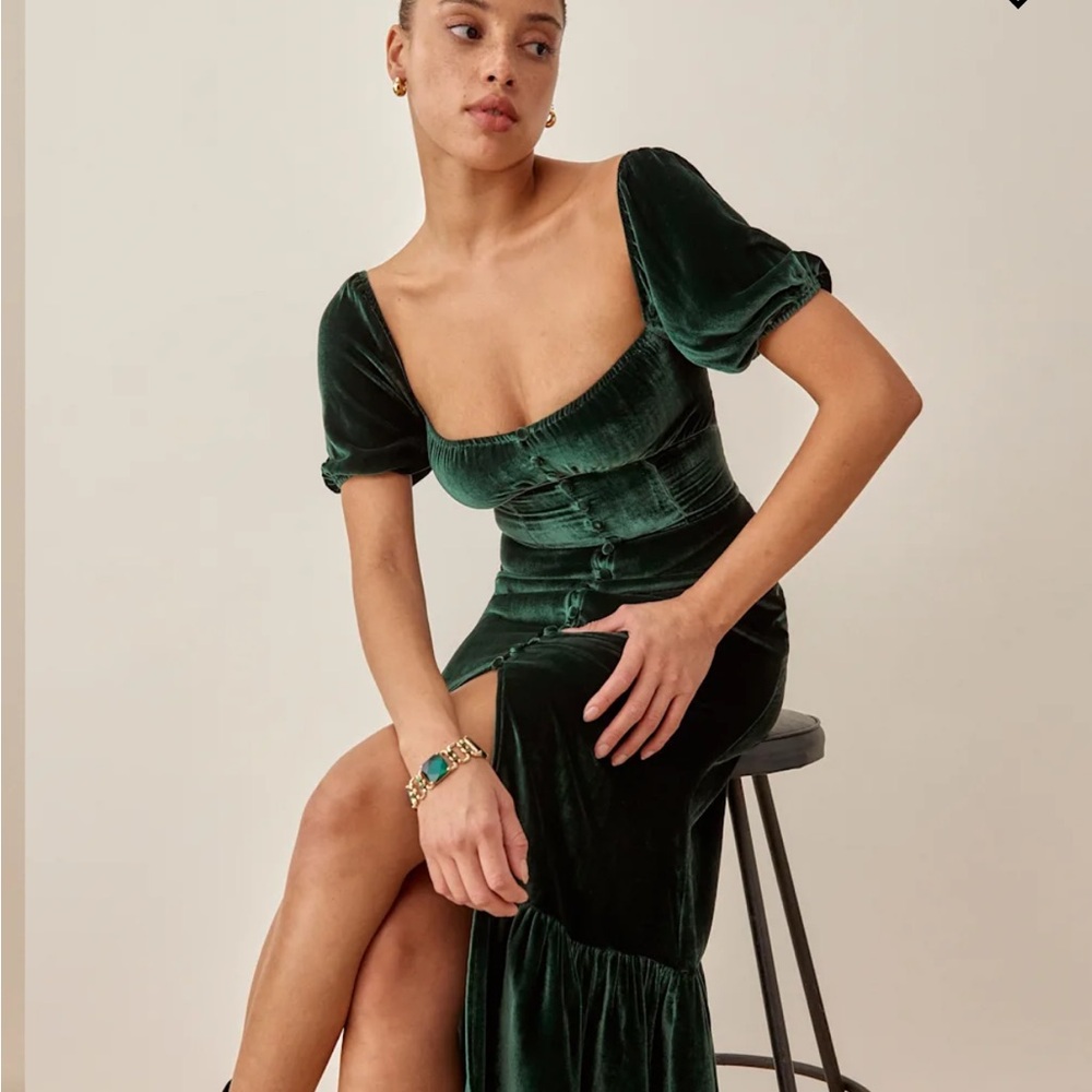 Reformation Leonie Forest Green Velvet Dress
